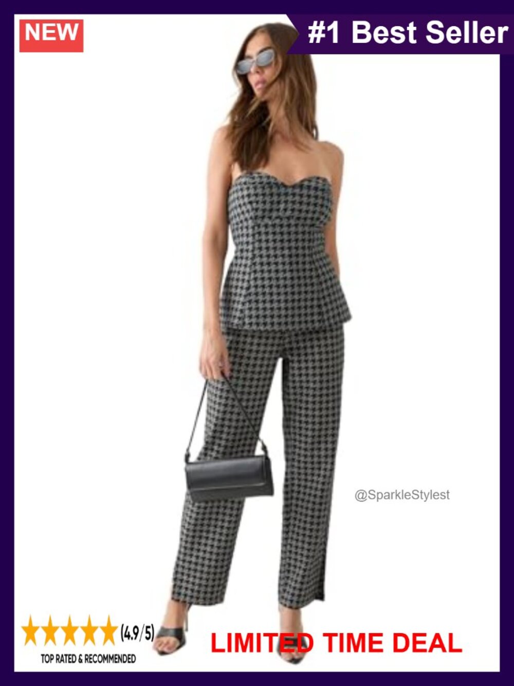 Dogtooth Print Denim Straight Leg Jeans High Rise Ankle Grazing